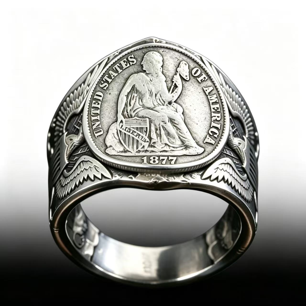 CoinRelic-Seated Statue of Liberty 1877 Dime Ring