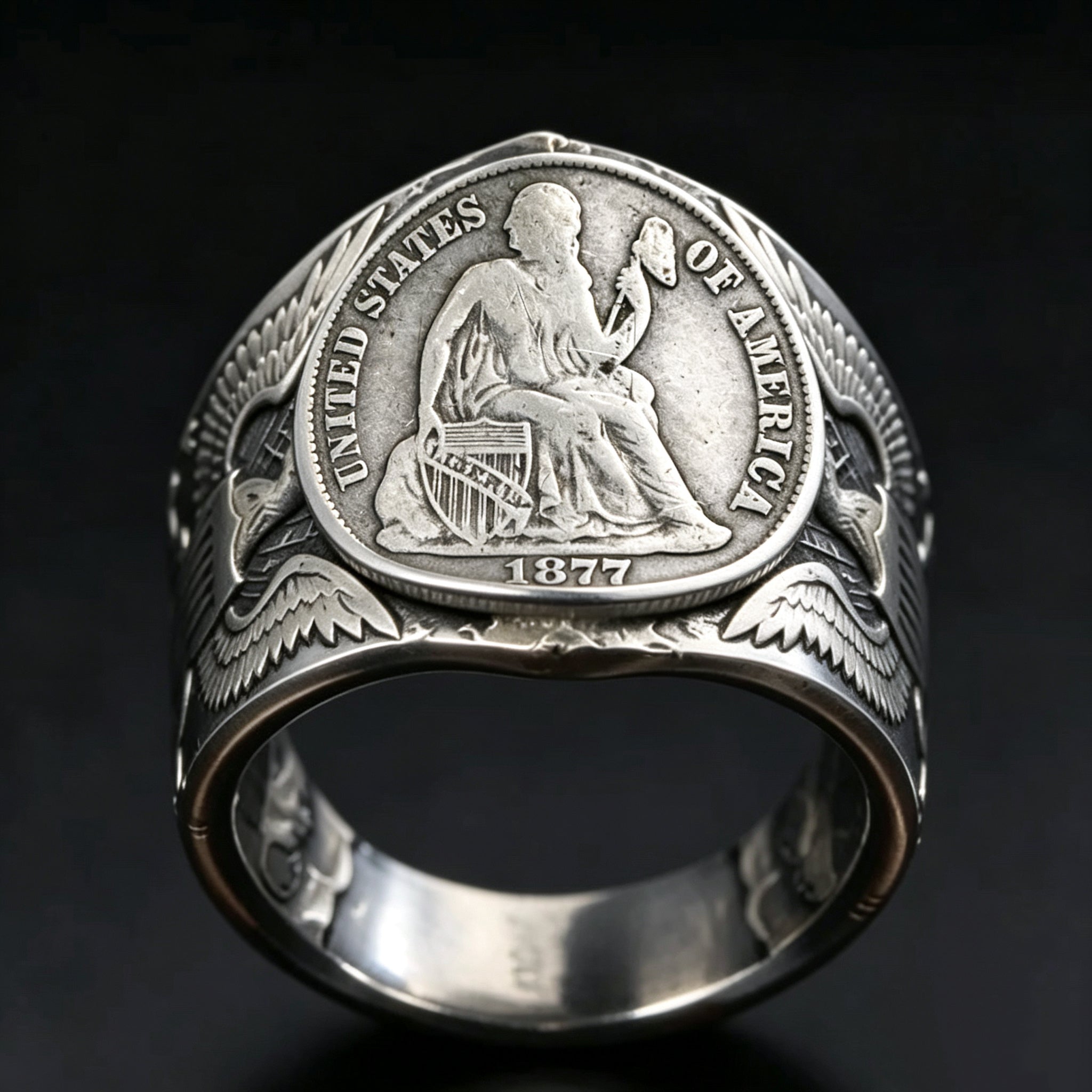 CoinRelic-Seated Statue of Liberty 1877 Dime Ring