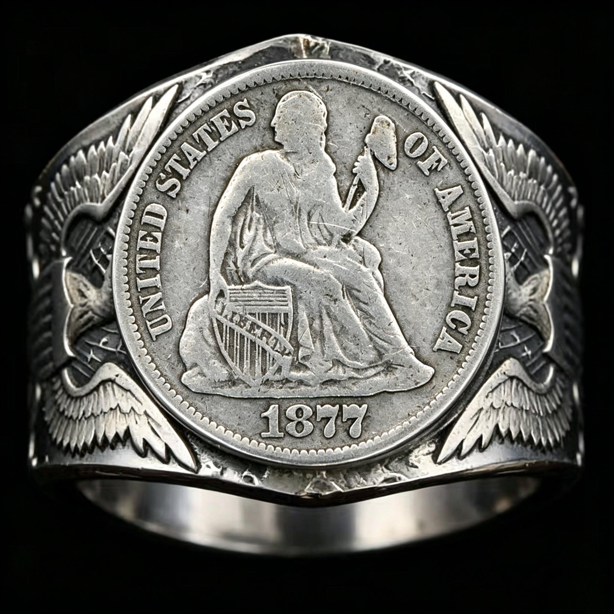 CoinRelic-Seated Statue of Liberty 1877 Dime Ring